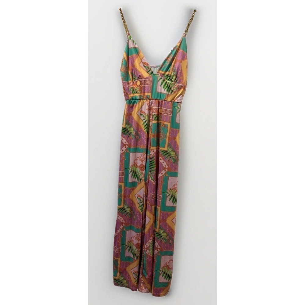 Wide Leg Cotton Jumpsuit Sleeveless Gold Chain Straps Scarf Print M/L Travel